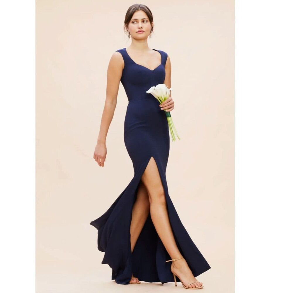 NWT Dress the Population Monroe Side Slit Gown Maxi Dress Midnight Navy Blue L